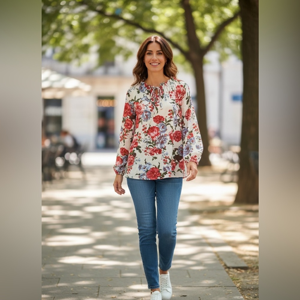 LOFT Outlet Floral Blouse Cream Red Green Blue Size L